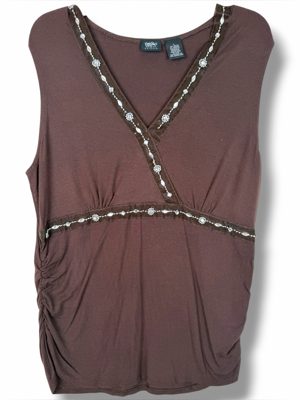 Mossimo Vintage Y2K Beaded Stretch Brown V-Neck Sleeveless Top Blouse size Large